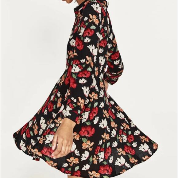 Zara Black Floral Button Shirt Dress Women’s Large Long Sleeve Mini Preppy Swing - Picture 1 of 10
